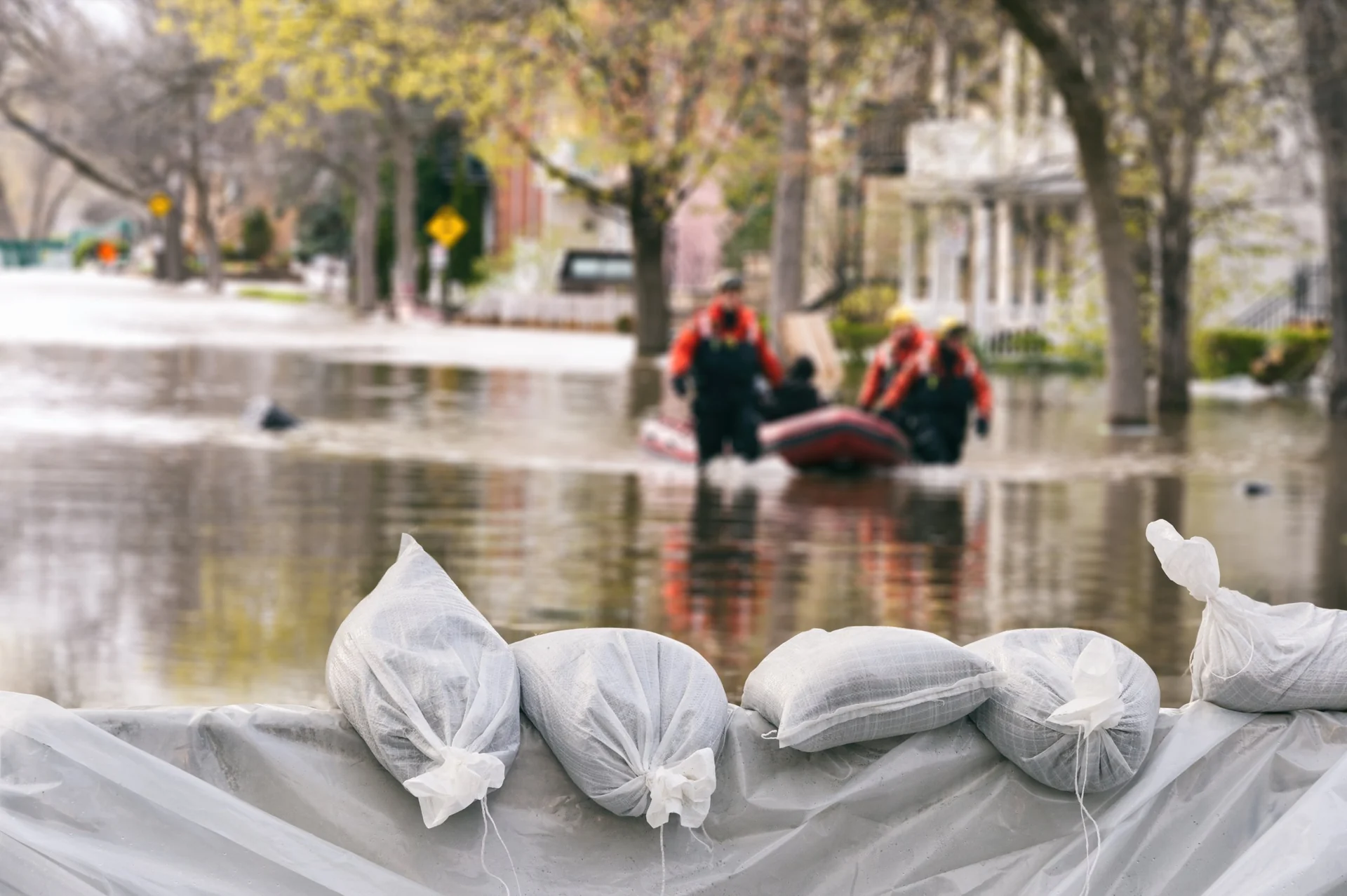 Rescuers in red flotation suits pull an inflatable boat along a flooded street, with sandbags in the foreground.